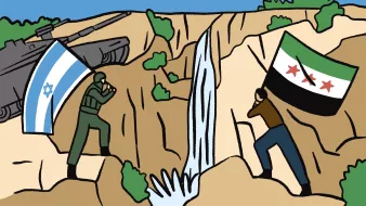 Deux hommes aux drapeaux opposés se font face, près d'une cascade. Un char est en arrière-plan.