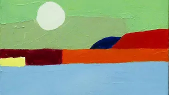 L'immagine mostra un paesaggio astratto caratterizzato da colori vibranti e forme semplici. In alto, un grande cerchio bianco rappresenta il sole, mentre lo sfondo è dipinto in tonalità di verde chiaro. La parte inferiore dell'immagine presenta un mare blu, sovrastato da una linea di terra in vari colori, tra cui rosso, arancione e blu. La composizione è minimalista e crea un senso di tranquillità e armonia.