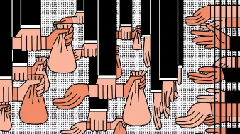 The image depicts a collection of illustrated hands, some in dark clothing and others in lighter tones, reaching out and holding bags. The hands seem to be engaged in a transaction or exchange, with some reaching to take the bags while others are offering them. The overall style is graphic and stylized, with a monochromatic background that emphasizes the contrast between the different hand colors. The arrangement of the hands creates a sense of movement and interaction, suggesting themes of commerce or distribution.