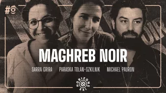 Trois personnes posent, avec le titre "Maghreb Noir" en avant. Ambiance artistique.