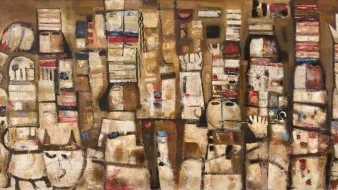 Composition abstraite avec des formes géométriques et des couleurs terreuses, évoquant une ville.