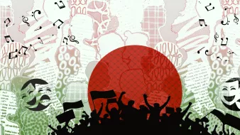 A vibrant scene with silhouettes of people celebrating, musical notes, and a large red circle symbolizing Bangladesh.