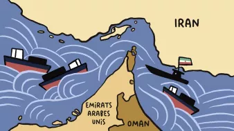 Carte simple montrant des bateaux dans des vagues près de l'Iran, Émirats Arabes Unis et Oman.