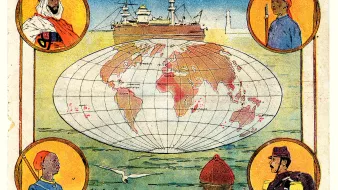 L'image représente un calendrier de l'année 1904, centré sur le thème des colonies françaises. Au centre, une carte du monde stylisée est présentée avec une vue des continents entourés par l'océan. Quatre portraits ornent les coins, représentant des personnes portant des vêtements typiques de différentes régions coloniales. En arrière-plan, un navire à vapeur est visible, symbolisant le commerce et la colonisation. Le tout est décoré avec des couleurs vives, ajoutant une touche artistique à ce calendrier historique.