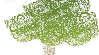 L'image représente un arbre stylisé, avec un feuillage vert ornée de motifs enroulés et entrelacés, donnant un aspect décoratif et artistique. Le tronc de l'arbre est dessiné avec des détails qui simulent l'écorce, et il s'élève sur des racines visibles qui s'étendent sur le sol. Le fond est simple, avec une herbe verte suggérée. L'ensemble de la composition dégage une atmosphère naturelle et imaginative.