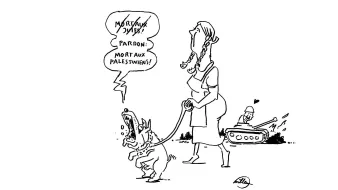 Une femme avec un chien, un tank en arrière-plan, un dialogue sur les Palestiniens.