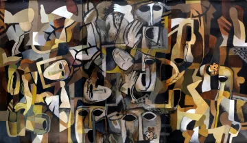 Peinture abstraite aux formes humaines et géométriques, dominée par des tons bruns et beiges.