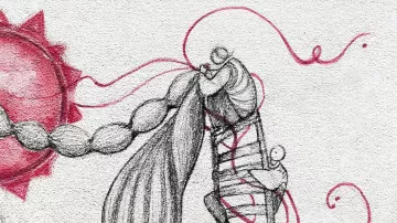 L'immagine mostra dei personaggi stilizzati che si intrecciano. Una figura principale, avvolta in una sorta di nastro o legatura, sembra abbracciare un'altra figura più piccola. Attorno a loro ci sono linee fluide e dinamiche, che creano un senso di movimento e connessione. Sullo sfondo, un grande sole rosso emana energia, accentuando l'atmosfera di calore e intimità tra le figure. La combinazione di toni chiari e scuri suggerisce un contrasto tra vulnerabilità e forza.