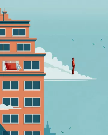 L'image représente un bâtiment coloré, probablement un immeuble de bureaux ou d'appartements, avec une façade orange. Sur l'un des étages, une fenêtre avec un rideau blanc s'ouvre sur un ciel bleu. En dehors du bâtiment, un homme en costume se tient debout sur un nuage. Le ciel est parsemé d'oiseaux, ajoutant une touche dynamique à la scène. L'ensemble de l'image évoque un mélange de rêve et de réalité urbaine.