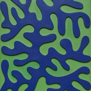 Formes organiques bleues sur fond vert, évoquant un motif abstrait et fluide.
