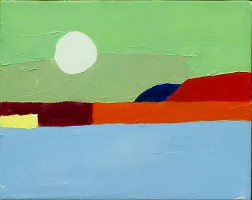 L'image représente une scène abstraite avec des couleurs vives et un peu de contraste. On y aperçoit un grand cercle blanc qui pourrait symboliser le soleil, se situant dans une partie supérieure clair, de couleur verte. En dessous, une mer ou un plan d'eau est peint en bleu clair. À l'horizon, on devine des collines ou des montagnes colorées, avec des teintes rouges et bleues, ajoutant de la profondeur à la composition. L'ensemble évoque une ambiance calme et minimaliste.