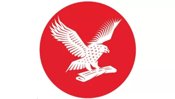 The image features a stylized eagle with outstretched wings, depicted in white, set against a bright red circular background. The eagle is perched on a scroll or rolled-up document. The overall design is bold and simplistic, emphasizing the eagle's dynamic posture.