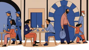 The image depicts a lively street scene with various people engaged in different activities. On the left, two individuals are sitting at tables, having drinks or food, appearing relaxed and engaged in conversation. In the background, there are two police officers walking, suggesting a sense of security in the area. A family is seen on the right side, consisting of an adult holding a child's hand, while another person carries a bag. The colors are predominantly blue and beige, creating a warm and inviting atmosphere. Overall, the scene portrays a blend of social interaction and community presence.