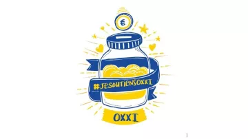 L'image représente un dessin stylisé d'un pot rempli de pièces de monnaie. Autour du pot, il y a une bande bleue avec le slogan "#JESOUTIENSOXXI". En haut, une pièce de monnaie est illustrée, et des cœurs ornent le design, ajoutant une touche de convivialité. Les couleurs dominantes sont le bleu et le jaune, ce qui donne à l'ensemble une atmosphère dynamique et engageante.