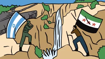 Deux hommes aux drapeaux opposés se font face, près d'une cascade. Un char est en arrière-plan.