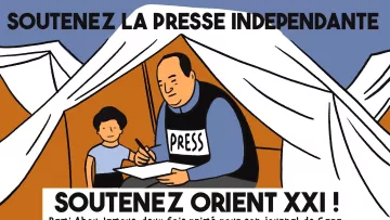 Un journaliste écrit sous une tente, soutenu par un enfant. Message pour la presse indépendante.