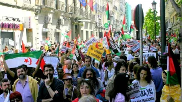 L'image montre une foule rassemblée dans une rue, probablement lors d'une manifestation. Les participants portent des pancartes et des drapeaux, dont certains semblent représenter des causes politiques ou sociales. Il y a des drapeaux de différents pays, notamment un drapeau algérien, et des slogans sont visibles sur les pancartes. La scène est animée et semble refléter un esprit de solidarité et de protestation. Les manifestants semblent engagés dans une cause commune, créant une ambiance dynamique.