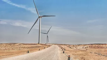 L'image montre un paysage désertique avec une route en gravier qui s'étend vers l'horizon. De chaque côté de la route, on aperçoit plusieurs éoliennes qui se dressent majestueusement contre un ciel bleu. Le terrain est aride, et les éoliennes symbolisent l'énergie renouvelable dans cet environnement désertique. Les colonnes le long de la route semblent délimiter le chemin, ajoutant une touche de structure à ce paysage naturel et technologique.