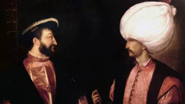 L'image représente deux figures historiques en conversation. À gauche, un homme européen, habillé de manière élégante, porte un chapeau à large bord et semble s'adresser à l'autre homme. À droite, un homme en vêtement traditionnel ottoman, portant un turban emblématique, affiche une expression sérieuse. Le fond est sombre, mettant en valeur les détails des costumes et les traits des personnages, suggérant une rencontre diplomatique ou un dialogue entre cultures.