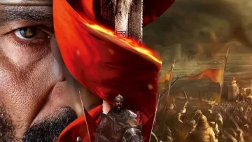 The image appears to depict a historical or epic theme, likely related to battle or warfare. It features a prominent warrior in armor, possibly on horseback, amid a dramatic and chaotic battlefield scene in the background. There are fiery colors, particularly a striking red, which suggests intensity and action. Elements like swords or banners might be included, enhancing the sense of conflict and heroism. Overall, the image evokes a sense of bravery, valor, and the tumult of war.