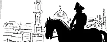 L'image représente une silhouette d'un cavalier sur un cheval, observant un paysage urbain. On peut voir des structures architecturales typiques, comme des mosquées et des minarets, en arrière-plan. Le cavalier est vêtu d'une tenue militaire, qui indique peut-être une période historique spécifique. L'ensemble de l'image est en noir et blanc, ce qui renforce le côté dramatique et artistique de la scène.