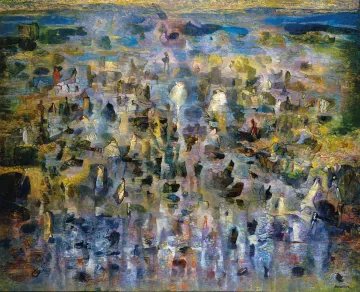 Peinture abstraite aux couleurs fluides, figures indistinctes et reflets lumineux.