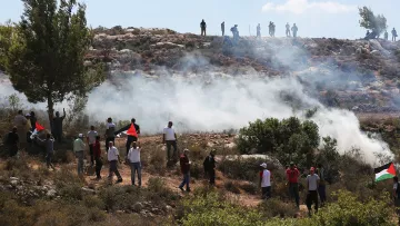 تظهر الصورة مجموعة من الأشخاص في منطقة مفتوحة، بعضهم يحمل الأعلام الفلسطينية. يبدو أن الاحتجاجات أو المظاهرات جارية، حيث تتصاعد سحب الدخان في الخلفية. يتمركز عدد من الأشخاص على تلة، مما يشير إلى وجود توتر أو حدث مهم في المكان. الطبيعة المحيطة تتميز بالأشجار والأراضي الوعرة.