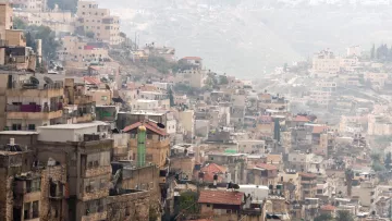 L'image montre une vue panoramique d'une colline urbaine, remplie de bâtiments d'habitation. Les constructions varient en style et en taille, avec des maisons de différentes couleurs, certaines avec des toits en tuiles et d'autres en béton. On peut apercevoir une architecture dense et hétérogène, et à l'arrière-plan, on distingue des montagnes légèrement embrumées. L'ambiance générale évoque une zone urbaine complexe, probablement dans une région méditerranéenne.