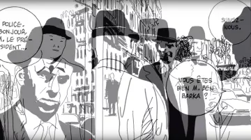 L'image présente une scène stylisée en noir et blanc, illustrant des personnages habillés en costumes avec des chapeaux. On peut voir des silhouettes d'hommes qui semblent discuter dans un milieu urbain, avec des bâtiments en arrière-plan. Un des personnages s'adresse à un autre avec un dialogue en bulle, disant "Vous êtes bien M. Barka," ce qui suggère une intrigue ou une interaction importante. L'atmosphère évoque une ambiance de mystère ou de suspense.