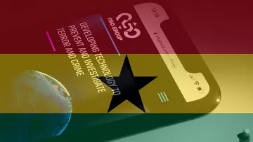 The image features a smartphone with a screen displaying text related to technology used for investigating terror and crime. The background colors are blended in a way that resembles the flag of Ghana, with a prominent black star in the center. A shadow of a person is visible in the foreground, creating a sense of depth and intrigue.