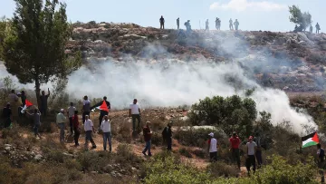The image depicts a scene with a group of people gathered in an outdoor setting, likely demonstrating or protesting. In the foreground, some individuals are waving flags, possibly representing Palestine, characterized by red, black, and green colors. Behind them, a cloud of smoke rises, suggesting the use of tear gas or other crowd control measures. In the background, a group of people can be seen on higher ground, observing the situation. The environment appears to be rocky and natural, with trees scattered in the landscape under a partly cloudy sky.