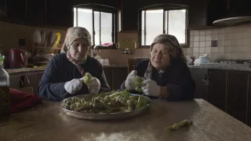Nell'immagine vediamo due donne sedute a un tavolo in una cucina. Sono intente a pulire degli asparagi, indossando guanti bianchi e foulard. Davanti a loro c'è un grande piatto con gli asparagi già raccolti, mentre la luce entra dalle finestre, creando un'atmosfera accogliente e familiare. Le pareti della cucina sono in tonalità calde e l'ambiente sembra tradizionale e domestico.