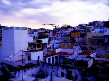 L'image montre une vue urbaine d'un paysage de ville, probablement à la tombée de la nuit. On peut voir plusieurs bâtiments aux structures variées, avec des toits plats et un mélange de couleurs qui évoquent une atmosphère un peu mélancolique. Certains bâtiments semblent légèrement en ruine, avec des murs décrépis et des débris visibles. Le ciel est nuageux, ajoutant une ambiance dramatique à la scène. Des antennes de télévision sont visibles sur les toits, typiques des environnements urbains. L'ensemble donne une impression de vie quotidienne dans une ville qui a du caractère.