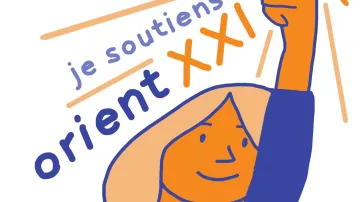 L'image montre une illustration stylisée d'une personne levant la main avec une pièce de monnaie, symbolisant le soutien. Le texte indique "je soutiens orient XXI", ce qui suggère un message d'encouragement ou de solidarité envers un projet ou une initiative nommée Orient XXI. Les couleurs utilisées sont principalement orange et bleu, ce qui donne une impression dynamique et engageante.