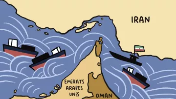 Carte simple montrant des bateaux dans des vagues près de l'Iran, Émirats Arabes Unis et Oman.
