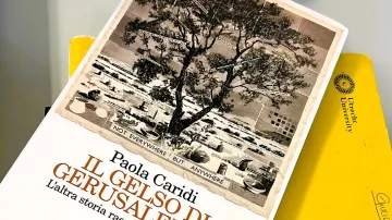L'immagine mostra un libro intitolato "Il gelso di Gerusalemme" di Paola Caridi, con una copertina bianca e un'illustrazione di un albero. Accanto al libro ci sono alcuni quaderni e una penna, creando una composizione ordinata.