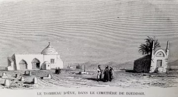 L'image représente un paysage de cimetière à Djeddah, où l'on peut voir le tombeau d'Éve. Il y a un bâtiment avec un dôme à gauche, entouré de tombes. Au centre, un groupe de personnes semble discuter. À l'arrière-plan, on aperçoit des structures architecturales et un paysage qui évoque la région. L'ensemble dégage une atmosphère à la fois sereine et respectueuse, typique des lieux de mémoire.