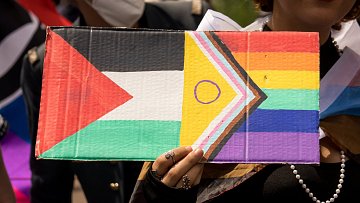 Cette image montre une personne tenant une pancarte colorée. La pancarte combine le drapeau palestinien, reconnaissable par ses bandes horizontales noire, blanche et verte avec un triangle rouge à gauche, et le drapeau Progress Pride, qui inclut les couleurs de l'arc-en-ciel ainsi que des bandes supplémentaires pour représenter la communauté transgenre et les personnes de couleur. La personne semble être en extérieur et porte une perle autour du cou ainsi que plusieurs bagues. Une autre personne portant un masque blanc est visible à l'arrière-plan.