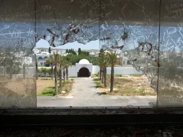 L'image montre une vue à travers un grand trou dans une vitre brisée. On peut voir un paysage urbain avec des palmiers et un édifice en arrière-plan, probablement une entrée ou un portail. Le ciel est dégagé et la scène semble être abandonnée, avec des graffiti visibles sur le verre. L'atmosphère de l'image pourrait évoquer un sentiment de désolation ou d'oubli.