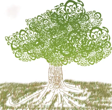 L'image représente un arbre stylisé, avec un feuillage vert ornée de motifs enroulés et entrelacés, donnant un aspect décoratif et artistique. Le tronc de l'arbre est dessiné avec des détails qui simulent l'écorce, et il s'élève sur des racines visibles qui s'étendent sur le sol. Le fond est simple, avec une herbe verte suggérée. L'ensemble de la composition dégage une atmosphère naturelle et imaginative.