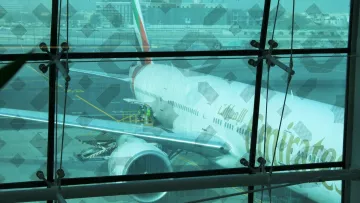 The image shows an airplane belonging to Emirates Airlines parked at an airport. The aircraft appears to be a large model, likely a Boeing 777, as indicated by the shape of the fuselage and engines. You can see maintenance personnel working on the plane, and the background features airport buildings and infrastructure. The scene is framed by a glass wall, which has a patterned overlay, adding an artistic element to the view. The overall atmosphere seems busy and operational, typical for a major airport.