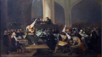 L'image représente une scène dramatique et complexe, typique de l'œuvre de Francisco de Goya. On peut voir un tribunal ou une assemblée où des personnages sont réunis. Au centre, une figure avec un chapeau conique domine la scène, entourée d'autres personnes portant des vêtements sombres. Les expressions sur leurs visages montrent une grande tension et une atmosphère de jugement. La lumière semble être focalisée sur certains personnages, mettant en évidence le caractère sombre et sérieux de la situation. L'arrière-plan est rempli de spectateurs, ajoutant à l'intensité de l'assemblée.