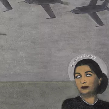 Une femme regarde des avions sur un fond gris, avec une inscription évoquant l'avenir.