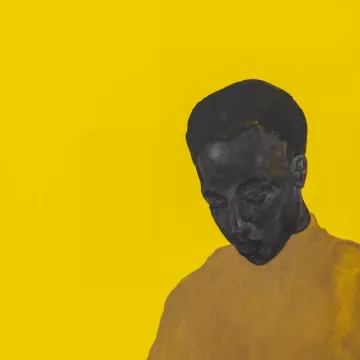 Un portrait sombre d'une personne sur fond jaune éclatant.