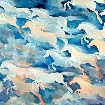 Des chevaux blancs galopent à travers un ciel bleu, créant un mouvement dynamique.
