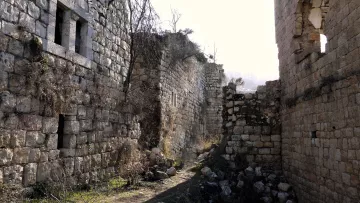 L'image montre des ruines d'un bâtiment en pierre, typiques d'une architecture ancienne. Les murs, en partie effondrés et recouverts de végétation et de lierre, témoignent du passage du temps. On peut voir un chemin étroit qui traverse les débris, entouré par des pierres et des branches. La lumière semble douce, suggérant une ambiance tranquille et mélancolique. L'ensemble évoque une histoire riche et un lieu qui a connu des jours meilleurs.