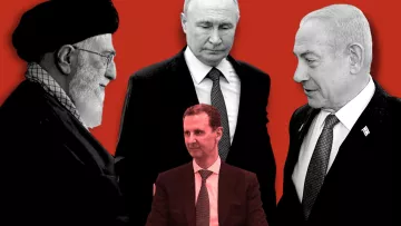 L'image représente plusieurs figures politiques importantes. On y voit des portraits de leaders tels que le leader suprême iranien, le président russe, le Premier ministre israélien, et le président syrien, regroupés sur un fond rouge. Les différents membres semblent être engagés dans une sorte d'interaction ou de réflexion, mettant en avant des relations géopolitiques complexes. L'atmosphère de l'image évoque des thèmes de pouvoir et de diplomatie dans un contexte de tensions internationales.