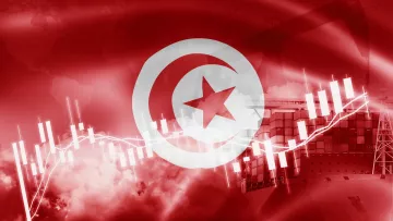 L'image présente un fond rouge, principalement dominé par le drapeau de la Tunisie, qui comporte un cercle blanc avec une étoile et un croissant rouges. En arrière-plan, on peut apercevoir des éléments graphiques représentant des graphiques financiers, des barres de données et probablement des références à l'industrie pétrolière, suggérant un lien avec l'économie ou le commerce. Les nuances de rouge et les graphismes évoquent une ambiance dynamique et énergique.