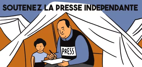 A man in a "PRESS" vest writes while a young child watches, under a tent. The text calls for support for independent journalism.