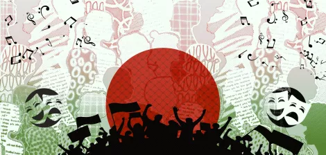 A colorful collage featuring a large red circle, silhouettes of people, and musical notes.